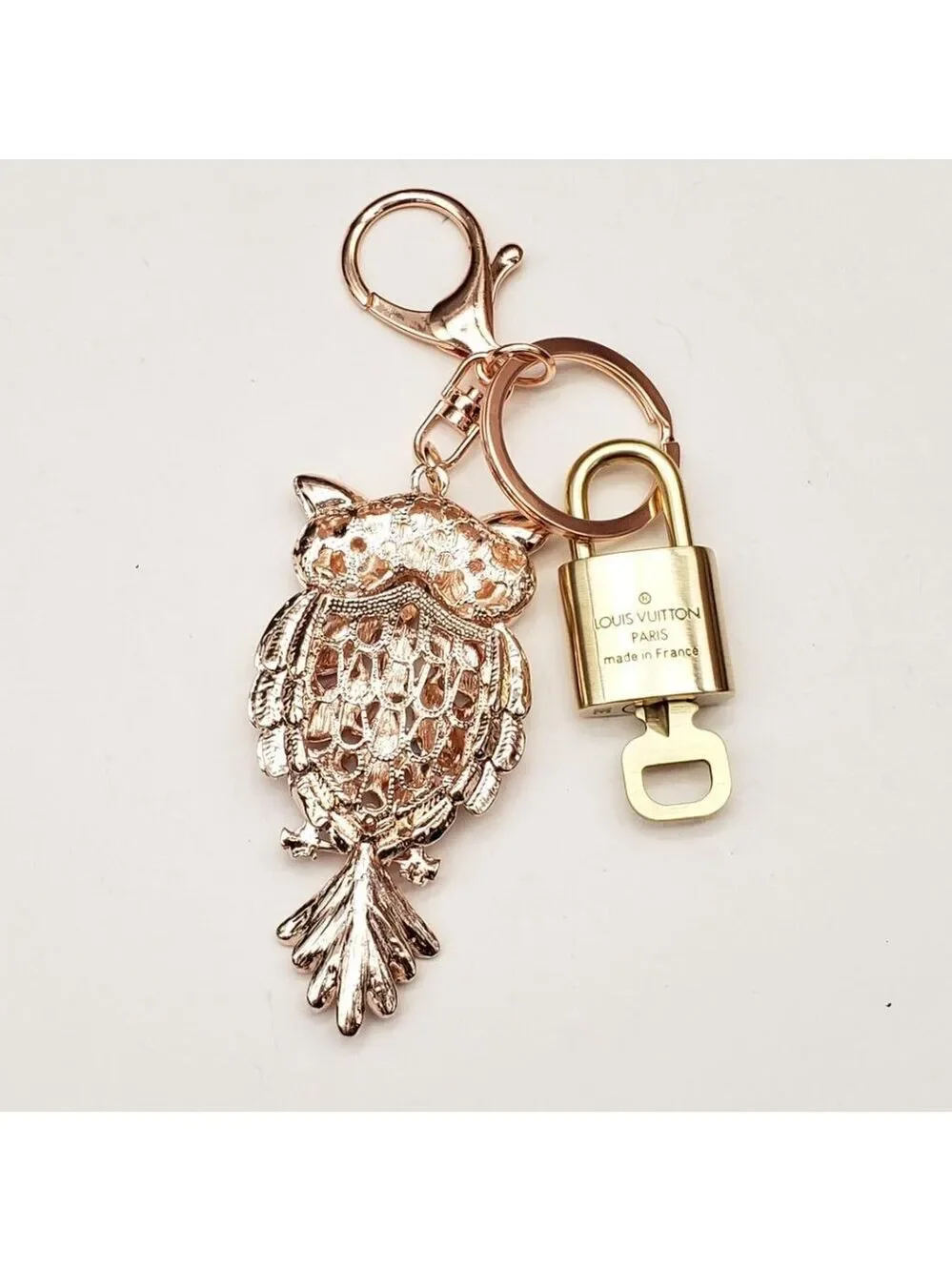 LV Authentic Gold Lock & Key 🔑 Luxury Bag Charm w/ Unbranded Owl Keychain